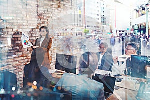 Business people in office work together during a meeting