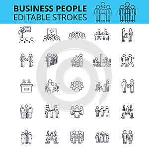 Business people ouline vector icons. Editable strokes. Group of business people signs set. Business team concept thin