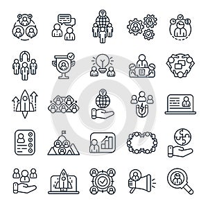 Business people outline icons. Office team brainstorm, business presentation and work partners. Teamwork line icon