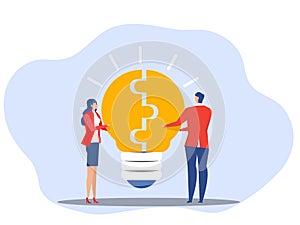 Business people  and partner connect lightbulb jigsaw puzzle together, agreement solution to solve problem, brainstorm