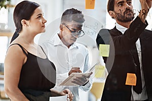 Business people, planning and brainstorming by glass board at office meeting with woman, businessman and writing