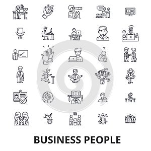 Business people, planning, working, teamwork, human resources, management line icons. Editable strokes. Flat design