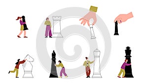 Business people play strategic chess games, flat vector illustration isolated.