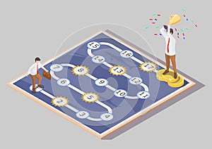 Business people playing board game, vector isometric illustration. Path to success, business competition concept.