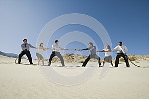 Business People Playing Tug Of War In The Desert