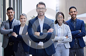 Business people, portrait and group outdoor in city for corporate work as legal advisors or attorneys for real estate photo
