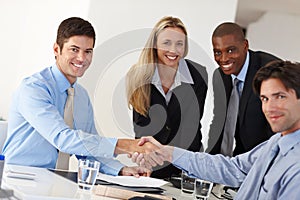 Business people, portrait and handshake for hiring or thank you in office, meeting and introduction. Colleagues