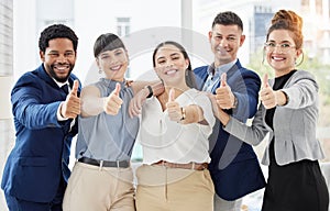 Business people, portrait and thumbs up for winning, good job or team success together at the office. Group of happy