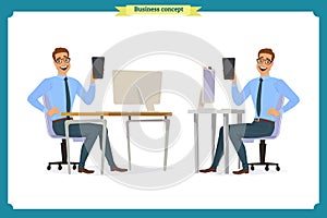 Male office worker poses sitting at computer with tablet having coffee brake cartoon characters set vector illustration