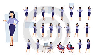 Business people poses. Office woman. Manager working at computer. Female standing at whiteboard. Professional teacher