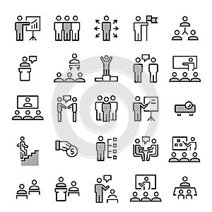Business people,presentation,training icons set in thin line style. Vector symbols