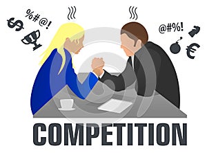 Business people and professional parity. Arm wrestling between businessman and businesswoman at work. Rivalry at work. Man and wom