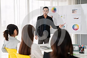 Business people proficiently discuss work project while sitting in circle