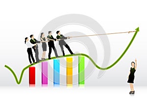 Business People pulling Arrow on Bar Graph