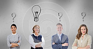 Business people with question marks and light bulb graphics over head