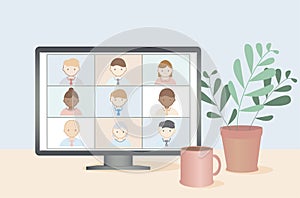 Business people remote work illustration. Online video conference concept.