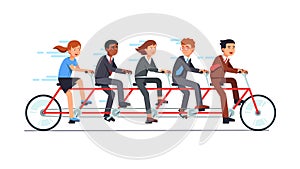 Business people riding fast on tandem bicycle