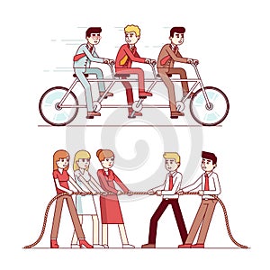 Business people riding on three person tandem bike