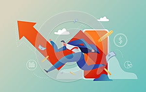 Business people running on up graph path to goal on mobile. Vector illustration