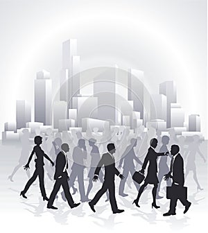 Business people rushing in front of city skyline photo