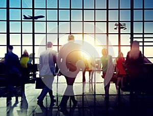 Business People Rushing Walking Plane Travel Concept