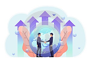 Business people shake hand with world and growth graph on background
