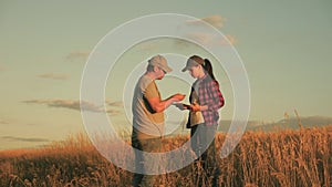 Business people shake hands on field in sun. The conclusion of the deal, agreed. Farmers man and woman with tablet work