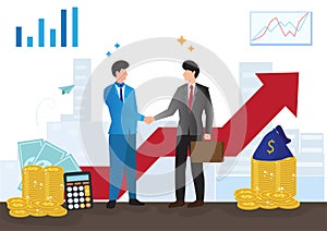 Business people shaking hands as a sign of finding solutions and progress working together business concept illustration