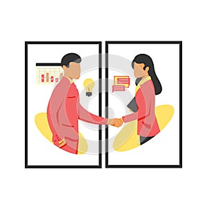 Business people shaking hands. Businessman and businesswoman greeting each other. Vector illustration in flat style