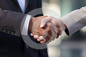 Business people shaking hands, finishing up a meeting. Handshaking concept, Businessman handshake close-up, top section cropped,