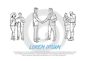 Business people shaking hands during meeting, agreement in front of businessman discussion colleagues communicating full