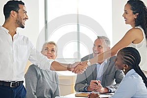 Business, people and shaking hands in meeting for welcome greeting to corporate career, job and recruitment or hiring