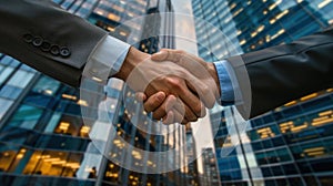 Business people shaking hands on office building background.