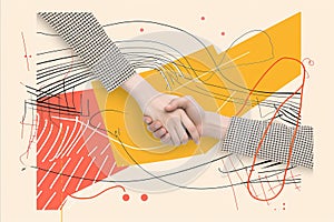 Business people shaking hands. Paper art collage style illustration