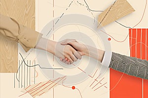 Business people shaking hands. Paper art collage style illustration