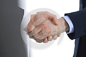 Business people shaking hands while standing with colleagues after meeting or negotiation, close-up. Group of unknown