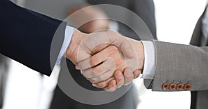 Business people shaking hands while standing with colleagues after meeting or negotiation, close-up. Group of unknown