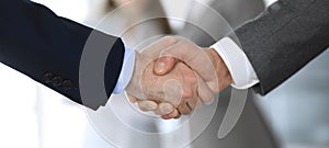 Business people shaking hands while standing with colleagues after meeting or negotiation, close-up. Group of unknown