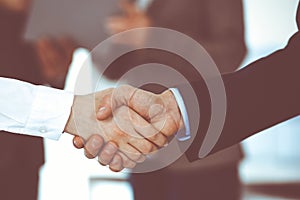 Business people shaking hands while standing with colleagues after meeting or negotiation, close-up. Group of unknown