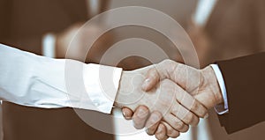 Business people shaking hands while standing with colleagues after meeting or negotiation, close-up. Group of unknown