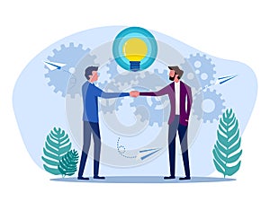 Business people shaking hands under creativity. Negotiating business deals. Cooperation concept vector illustration