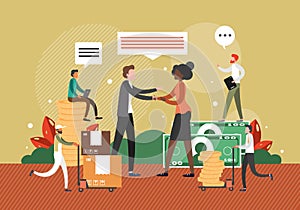 Business people shaking hands, vector illustration. Man and woman making deal. Handshake. Successful business sales.