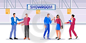 Business people in showroom or expo centre flat vector illustration