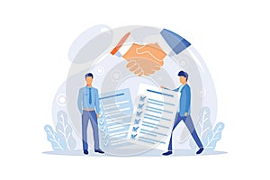 Business people sign contract concept. Characters checking agreement.