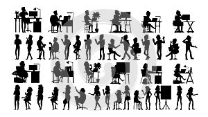 Business People Silhouette Set Vector. Man, Woman. Urban Meeting. Friends Communication. Body Row. Talking Together