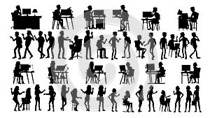 Business People Silhouette Set Vector. Man, Woman. Urban Meeting. Friends Communication. Body Row. Talking Together