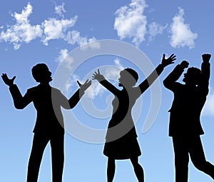 Business people silhouettes celebrate a win