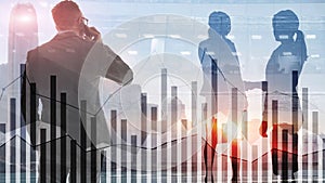 Business people silhouettes with forex chart on blurry city background. Teamwork, finance and success concept. Mixed