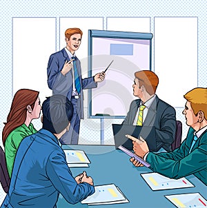 Business People sitting and listening to the meeting Illustration vector On pop art comics style Board background