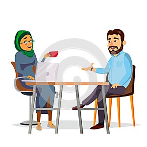 Business People Sitting At The Table Vector. Modern Office. Laughing Friends, Office Colleagues Bearded Man And Muslim